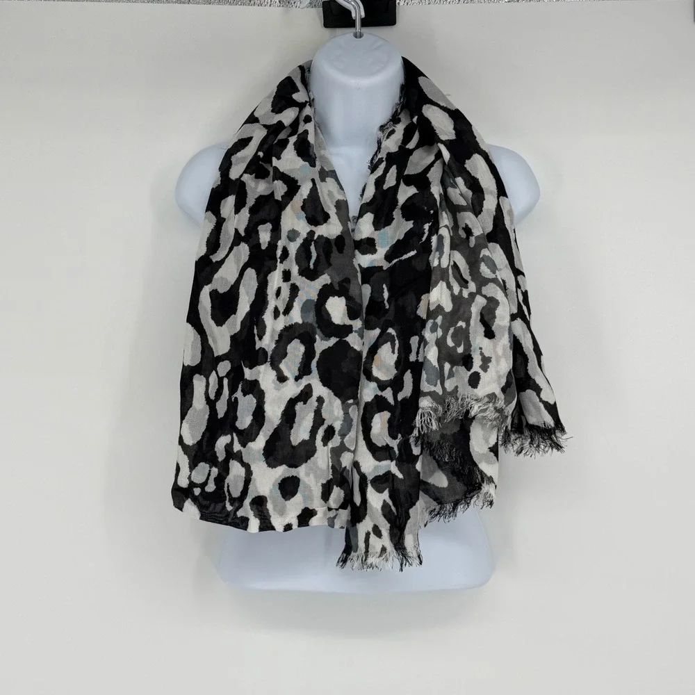 Celes Black White Leopard Print Scarf Modal Cashmere Blend Frayed Edge NWT